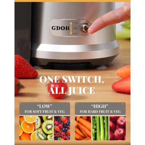 GDOR 1200W Juicer, 3.2 Wide Chute, Titanium-Enhanced Blade, Heavy-Duty Copper Motor, Dual Speed Centrifugal Juice Extractor, BPA-Free, Silver