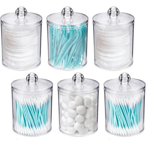 Clear 2 sizes WEISHI 6 Pack Qtip Holder Dispenser -Cotton Ball, Swab, Round Pads, Floss , Small Clear Plastic Apothecary Jar Containers with Lids for Bathroom Storage and Organization, Vanity Organizer