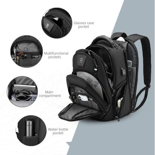 Swissdigital Design Tech Compact Slim Business Backpack for Men with Apple Find My, USB Charging Port, RFID Protection, TSA Friendly, Limited Fit for Thin 17 Inch Laptop, Black | SD1644FB-01