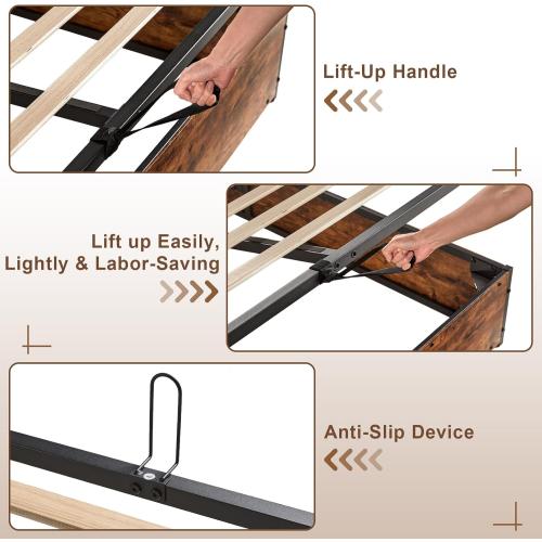 Size Queen Color brown Size Lift Up Storage Bed Frame, Wooden Platform Bed Frame with Lifting Storage & Charging Station, No Spring Box Needed/Noise Free, Rustic Brown