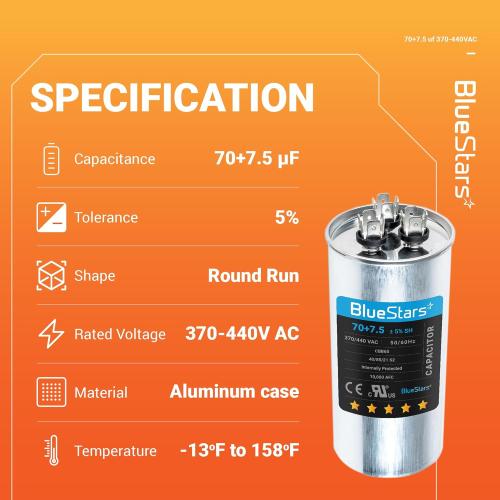 [UL Listed] BlueStars 70/7.5 uF 70 7.5 MFD 370 or 440 VAC Dual Capacitor
