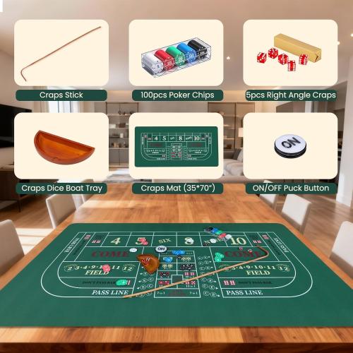 NEWTRY Craps Game Set: 35”×70” Craps Tabletop Layout, 48x11”Rubber Diamond Pyramid Bumper, 36” Rattan Stick, 5pcs Professional dice, 100 pcs Chips & ON/Off Buttons for Game Nights Party Camping