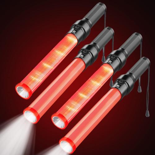 RoadHero 4 Pack Traffic Batons, 16 Inch LED Traffic Control Batons, Night Safety Light Wands with 3 Flashing Modes, Air Marshaling Signal Wand Plus White LED on Tip for Airport, Parking, Car Directing