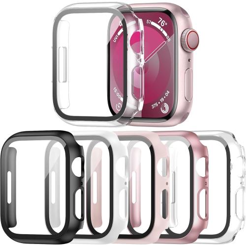Haojavo 5 Pack Case with Tempered Glass Screen Protector for Apple Watch Series 9 8 7 41mm, PC Hard Ultra-Thin Slim Fit Scratch Resistant Bumper Protective Cover for iWatch S9 S8 S7 41mm Accessories