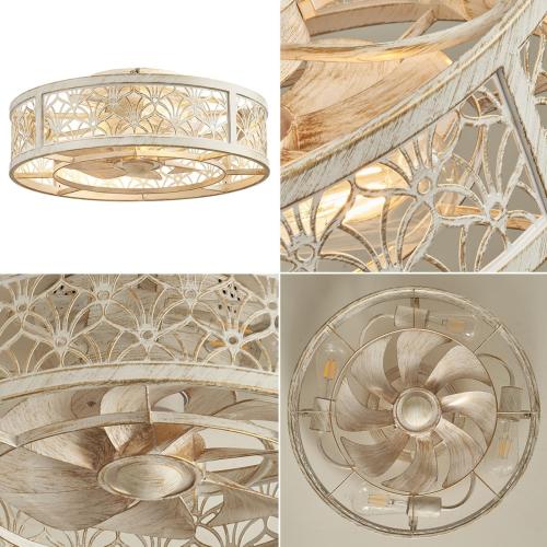 SHLUCE 18 Caged Ceiling Fan with Light, Small Flush Mount Fandelier Ceiling Fans with Lights and Remote, Rustic Low Profile Bladeless Ceiling Fan with Light for Bedroom, Kitchen, White Gold - ETL