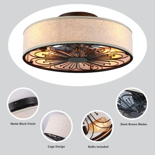 20 Boho Rattan Caged Ceiling Fan with Light,Low Profile Flush Mount Bladeless Ceiling Fan with Remote Control, 6 Speeds Reversible Silent Motor, Farmhouse Fabric Fandalier for Bedroom,Living Room