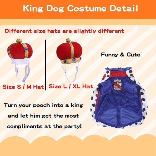 Size S-M Dog King Costume - Halloween Prince Dog Costume, Pet King Cloak Costumes Includes Ruby Crown Hat & Cape for Small Medium Dogs Pets, Puppy Royal Cosplay Outfit for Halloween Christmas Party,