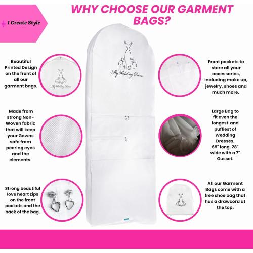 White Garment Bag for Wedding Dress-Bridal Cover for Your Long Evening Gown Perfect for Storage & Travel Easy Access Zipper & Gusset 3 Pockets for Accessories including Shoe Bag