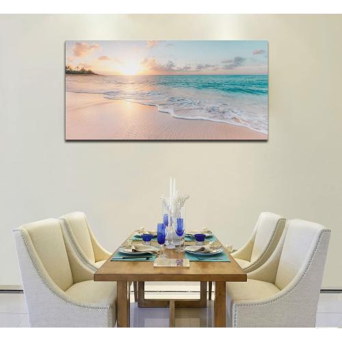 OKEXCKK Beach Canvas Wall Art - Sunset Ocean Picture Green Nature Seascape Painting Print for Kitchen, Bedroom, Living Room Decoration, Large Coastal Artwork Poster for Wall Decor 20x40