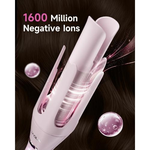 5 in 1 Auto Curling Iron Set with Interchangeable Barrels - 1, 1.25, 1.5 Curling Wand, Hair Crimper & Straightening Brush, Rotating Ceramic Curler, 3 Temp, Dual Voltage, Anti-Scald, Pink