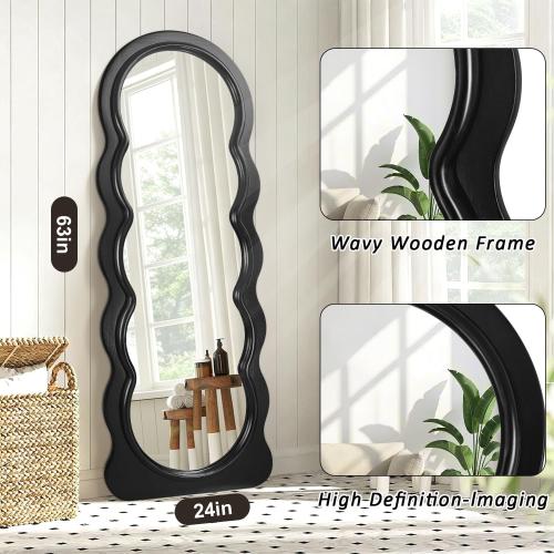 JJUUYOU Full Length Mirror Wavy Wood Framed Floor Mirror,Black Irregular Large Wall Mirrors 63x24 Decorative for Bedroom Living Room Entryway Bathroom Dressing Room Hanging