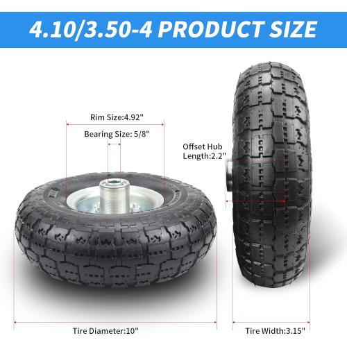 (2 Pack) RRQ 10 Inch Pneumatic Wheel 4.10/3.50-4 Tire, 10 Pneumatic Wheels with 5/8 Bearings,2.2 Offset Hub for Garden Cart, Hand Truck, Lawn Cart, Mower