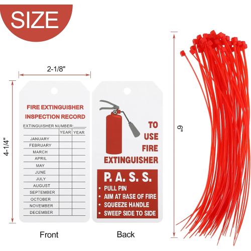 Outus 50 Sets Fire Extinguisher Tags with Adjustable Wire Ties 4.2 x 2.1 Inch Monthly Inspection Waterproof Tags Extinguisher Recharge and Inspection Record for Indoor Outdoor
