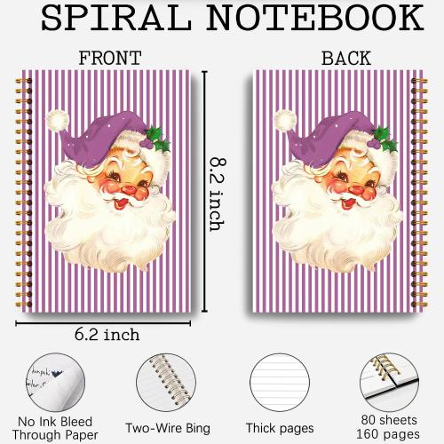 Guymn Purple Christmas Santa Notebook, Trendy Santa Xmas Journal, Purple and White Striped Christmas Hardcover Spiral Notebooks Journals, 5.5x8.3 Inch