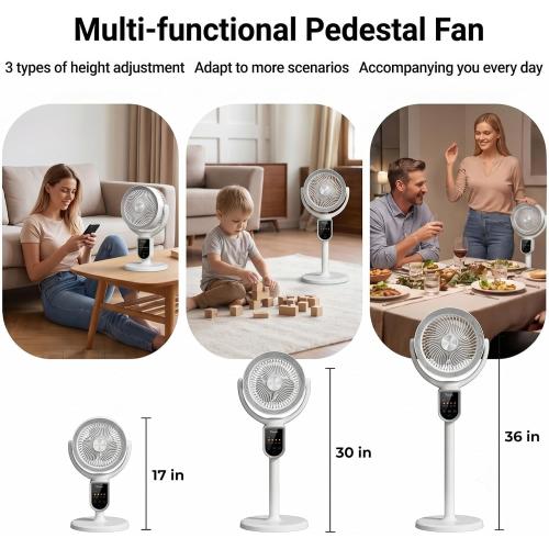 Cordless Pedestal Fan with Remote, 90° Oscillation Air Circulator, Natural Wind Mode, 4 Speeds   Timer, Quiet Standing Fan for Bedroom, Outdoor Patio, Rechargeable, White