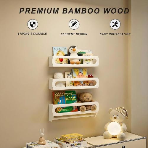 Floating Shelves for Wall, Premium Bamboo Wood, Fully Assembled - Nursery Book Shelves, Nursery Decor, Book Shelf for Kids Rooms, Wall Mounted Bookshelves, Set of 3 White
