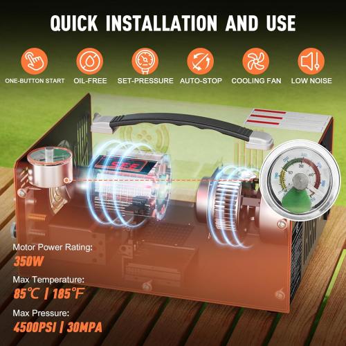 PCP Air Compressor, 4500PSI/30Mpa Scuba Tank Compressor, DC12V/AC120V PCP Airgun Compressor Auto-stop, Oil/Water-Free High Pressure Air Compressor Pump for Paintball, Air Rifle, Built-in Fan Cooling