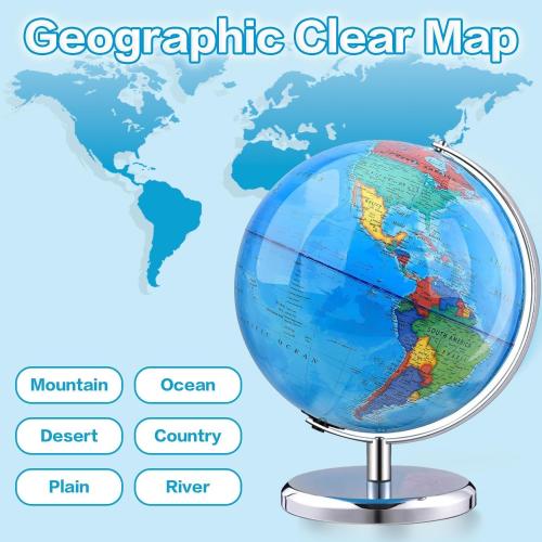 World Globe with Stainless steel Stand Rotating Earth Spinning Globe for Kids Geography Classroom Education or Decorations (8 Inch Blue)