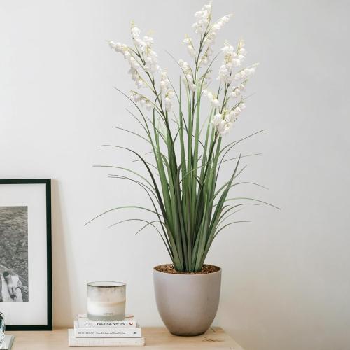 Artificial Tall Grass Plants with Pots 36 1 Pack Lily of The Valley Artificial Grass Home Interior Decorating and Outdoor Garden Decorations(White)