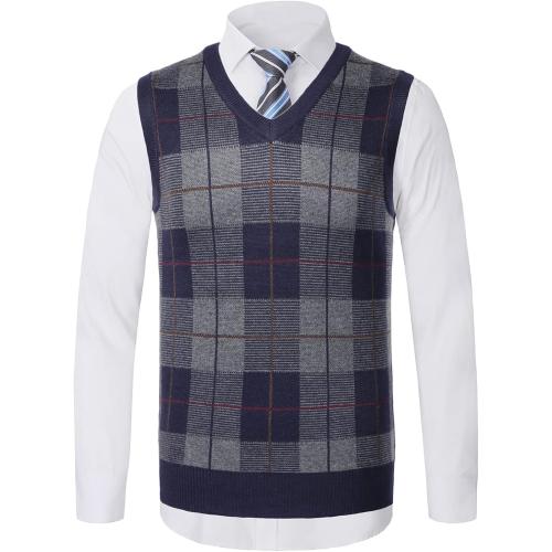 Men's Large Sleeveless Argyle Sweater Vest V-Neck Jumper Classic Business Gentleman Knitted Gilet Autumn Winter Knitwear Waistcoat Casual Golf Tank Tops, B-navy Blue,