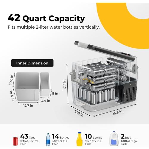 BougeRV 12V Refrigerator Fridge Freezer Portable Car Fridge 42 Quart Electric Cooler 12V/24V DC 110~240V AC for RV Camper Truck Jeep Pickup SUV Van Boat Camping Tailgating Road Trip Outdoor Travel