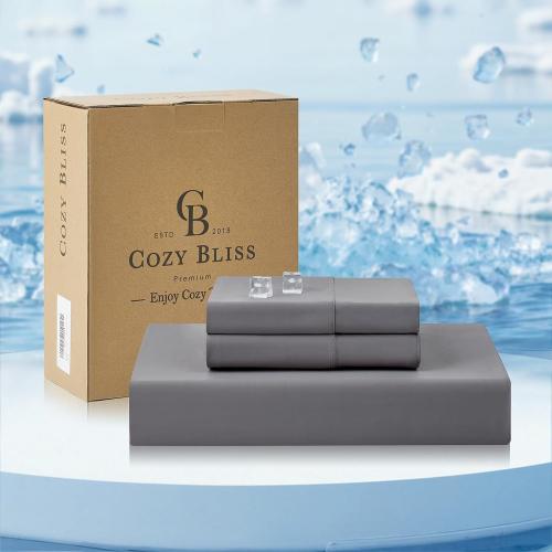 Cozy Bliss Premium Cooling Sheet Set Queen Size, Q-Max>0.4, 3PCS No Flat Sheet with 2 Pillowcases, Breathable Fitted Sheet for Hot Sleepers & Night Sweats, Deep Pocket Up to 18 Inches, Dark Grey