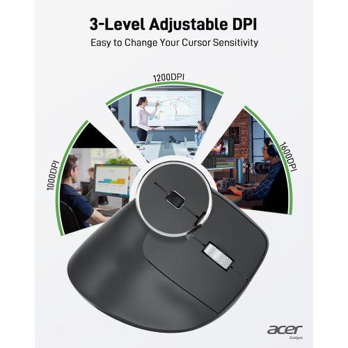 acer Ergonomic Mouse Wireless, Adjustable DPI Vertical Mouse 1000/1200/1600 with 6 Buttons, Rechargeable Ergo Mice with 2.4GHz USB Receiver for Computer, Laptop, PC, iMac and Desktop
