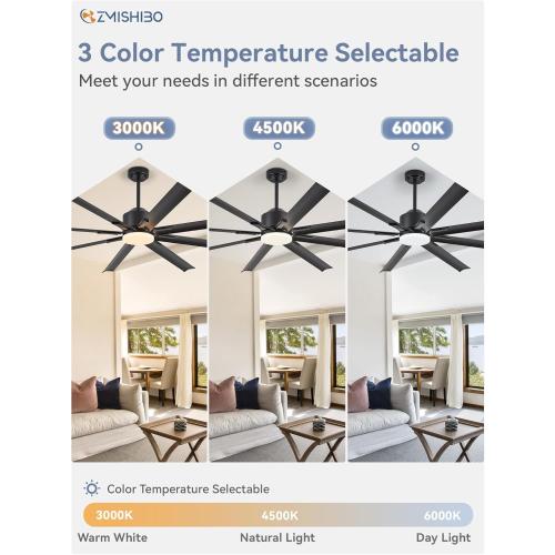 ZMISHIBO 72 inch Aluminium Blade Ceiling Fans with Lights and Remote, Outdoor Ceiling Fans for Patio Living Room with Quiet DC Motor, 6 Speed Reversible, 3 CCT, Black Industrial Ceiling Fan, 8 Blades