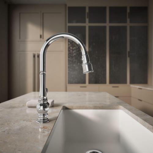 KOHLER K-99259-CP Artifacts Single-Hole Kitchen Sink Faucet with 17-5/8-Inch Pull-Down Spout, 3-Function Sprayhead, and Turned Lever Handle, Polished Chrome