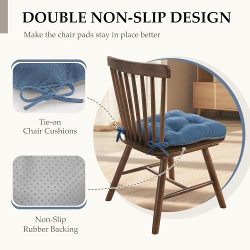 HARBOREST Chair Cushions for Dining Chairs Set of 4 - Chenille Tufted Kitchen Chair Cushions with Ties and Non-Slip Bottom, Foam Chair Pads for Dining Chairs, 17 x 17, Blue