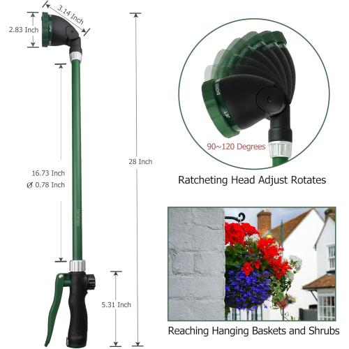 Heavy Duty 28 Inch Watering Wand with Pivoting Head, Adjustable Garden Hose Water Sprayer Wand with Ergonomic Handle, Spray 6 Watering Patterns, Perfect for Watering Seedling Beds, Flowers