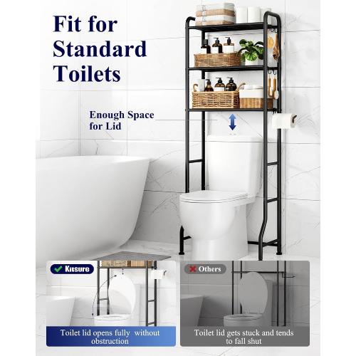 Kitsure Over Toilet Storage Rack - Metal Over Toilet Bathroom Organizer Shelf, Over the Toilet Storage Cabinet with Paper Holder and Hooks, Bathroom Cabinet for Laundry, Black, 3 Tiers (63.2 H)