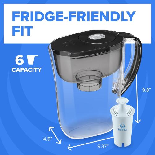Brita Small 6 Cup Water Filter Pitcher, 1 BritaPlus Filter, Metro, Black