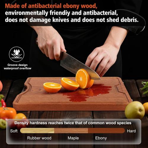 kitchen solid wood cutting board, ebony cutting board, with juice groove, handle, base, double-sided use, suitable for meat, vegetables, cheese, home cooking supplies