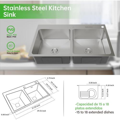 SOLVEX 30 Inch Drop in Double Bowls Kitchen Sink with Nano Coating,30x18 Inch Handmade Stainless Steel Topmount Kitchen Sink ST-7546