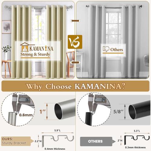 KAMANINA 1 Inch Double Curtain Rods 36 to 72 Inches (3-6 Feet) Telescoping Dark Silver Curtain Rod for Windows 24 to 68 Inches, Heavy Duty Drapery Rods with Square Finials