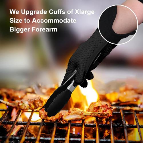 GEEKHOM BBQ Gloves X-Large, Heat Resistant Kitchen Silicone Oven Mitts, Waterproof Oven Gloves, BBQ Grill Accessories for Baking, Fryer, Smoker, Weber, Pizza, Microwave, Non-Slip, Black