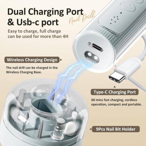 WHITE Electric Nail File, Cordless Nail Drill with 12pcs Bits, Professional 6 Speeds Manicure Kit for Women for Acrylic Gel Nails, Portable E-File with Rechargeable Base, Polishing Grinder for Salon Home