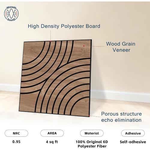 WoveN SounD Artisan Acoustic Wall Panels, 24x24 Inch 8 Pack, PVC Wood Grain Veneer Carved Sound Proof Wall Decor, Self-Adhesive for Home, Studio, Office & Focus Zones, Interlaced Arcs, Teak