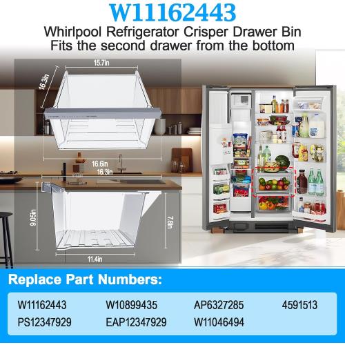 UPGRADED W11162443 Refrigerator Crisper Drawer Compatible with Whirlpool Crisper Drawer W11046494 Whirlpool Fridge Drawer W10899435 Maytag Refrigerator Drawer WRS325SDHZ WRS315SDHZ WRS315SDHM Drawer