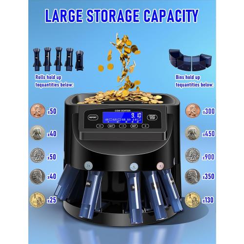 Coin Counter and USD Coin Sorter with LCD Display, 300-Coin Capacity, Automatic Change Counter for 1￠ 5￠ 10￠ 25￠ $1, 270 Coins/min,Coin Sorter and Wrapper Machine for Fast & Accurate Sorting