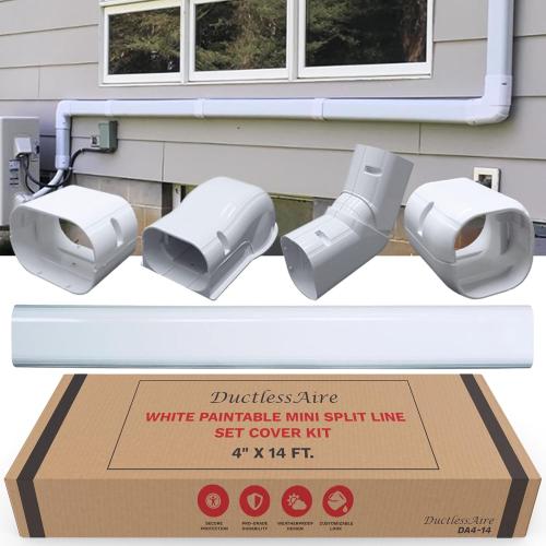 DuctlessAire Paintable Mini Split Line Set Cover Kit - Lineset Cover for Ductless Mini Split Air Conditioner Unit - Cable Covers - Wall Cap, Hide-A-Line, Coupler, End Cap & Elbow (White, 4 x 14 ft.)