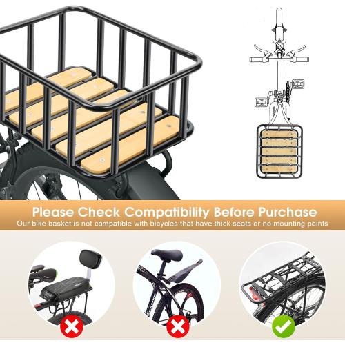 Bike Rear Basket with Waterproof Cover, Cargo Net, Wooden Base, 13.8X11.8X6.7 Heavy Duty Metal Ebike Rear Basket