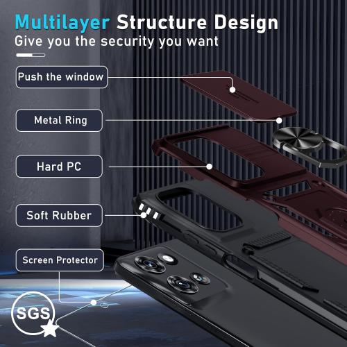 for Moto G 2026/2025 Case,Moto G Play 2026 Case Built in Slide Camera Cover | with Tempered Glass Screen Protector Finger Ring Holder Kickstand,Heavy Duty Shockproof Full Body Phone Cover,Wine Red