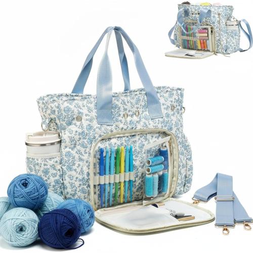SilTriangle Large Blue Floral Quilted Crochet Knitting Bags and Totes Organizer Cotton Yarn Hook Bag Holder Christmas Corduroy Gift for Crochet Lover Crocheting Accessories, Needle with Zipper, Size M
