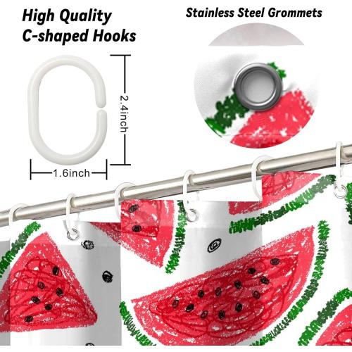 AOFOTO Watermelon Pattern Printed Shower Curtain with White Tassel Cartoon Red Watermelon Summer Theme Shower Curtains for Bathroom Waterproof Fabric Bath Curtain Kid's Bedroom Decoration 47x70 Inches