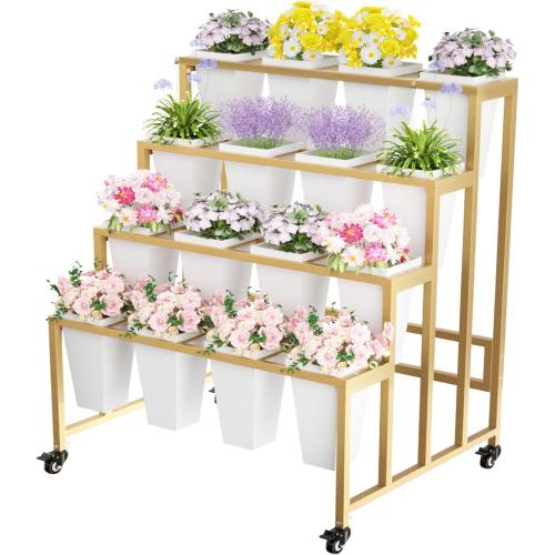 Flower Display Stand with 16 Buckets, 4 Layers Flower Bar, Gold Metal Plant Stand with Wheels, Heavy Duty Flower Cart for Indoor Outdoor Patio Garden Wedding Florist, Gold Metal Frame