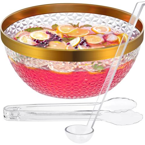 NiHome Gold Trim Clear Plastic Punch Bowl with Ladle and Tong for Parties, Weddings, BBQs, 1.4 Gallon Beverage Serving Bowl Complete Set for Cocktails, Salads, Snacks, Easy to Clean