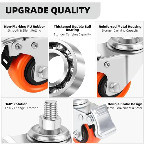 Set of 8 W B D WEIBIDA Stem Caster Wheels 2 Inch with Dual Locking, Heavy Duty Threaded Stem Casters UNC 1/2-13 x 1, No Noise Swivel Casters, Set of 8 Caster Wheels for Cart, Furniture