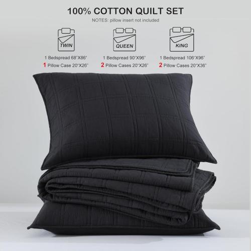 HORIMOTE HOME 100% Cotton Quilt Set King Size, Charcoal Pre-Washed Bedspreads Coverlet Set in Geometric Pattern, Cozy Lightweight Stitching Decorative Bedding Cover with 2 Shams for All Season